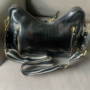 Sharif Black Croc-Embossed Shoulder Bag with Gold Accents